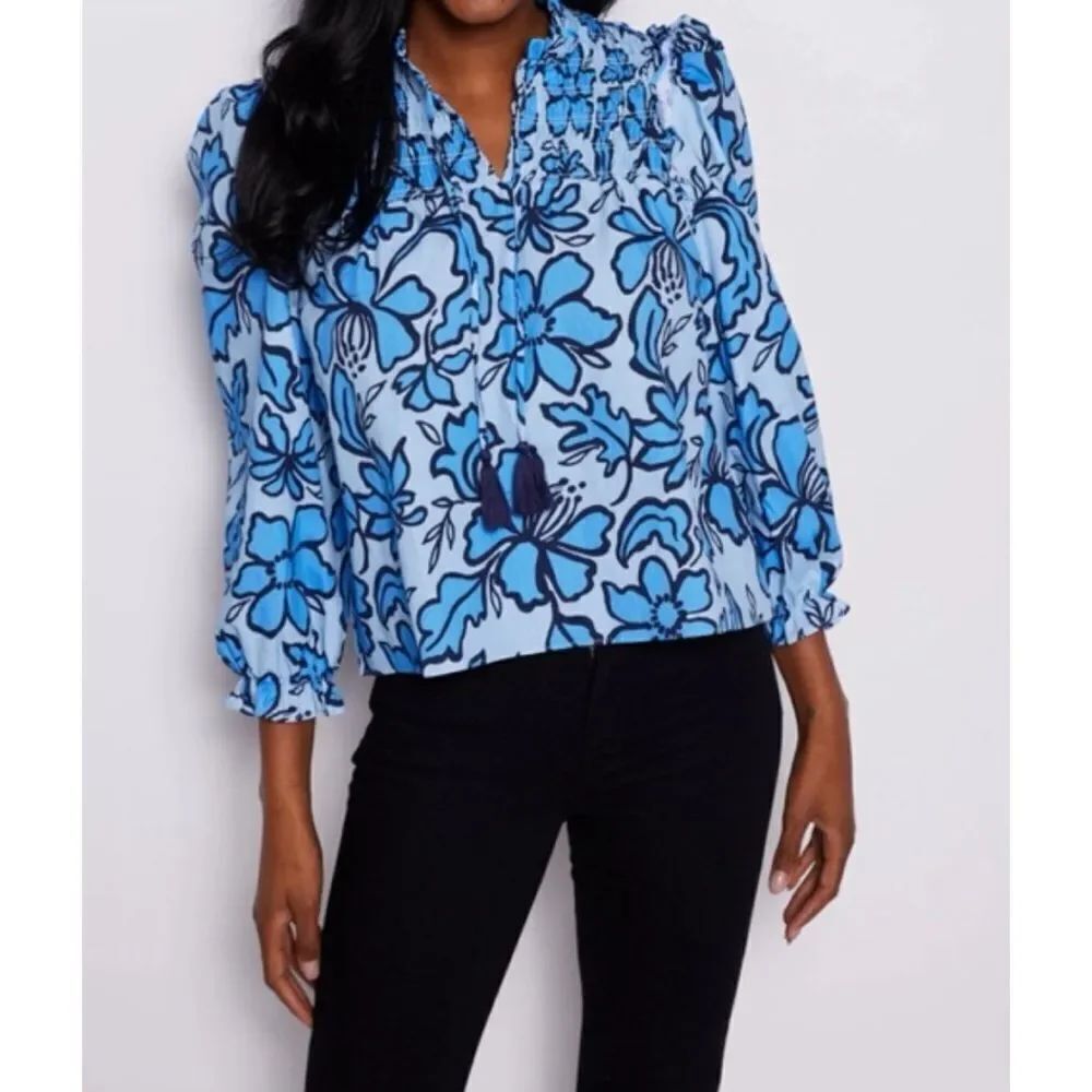Sail to Sable Fall Floral Long Sleeve Tassel Front Top - Omphalodes/Blue Size L - Picture 2 of 8